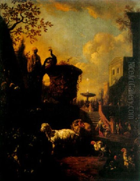 Scene De Parc Italien Avec Un Escalier, Animaux Et Chevres Oil Painting by Abraham Jansz. Begeyn