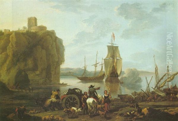 Coastal Landsape With Figures On The Shore, A Dutch Man-of-war And Others Boats In The Bay Oil Painting by Abraham Jansz. Begeyn