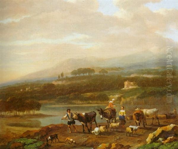 A Cowherd With Cattle On A Road By A Lake Oil Painting by Abraham Jansz. Begeyn