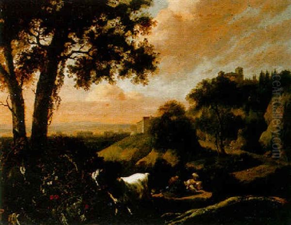 A Mountainous Landscape With Shepherds And A Goat, A Hill Town Beyond by Abraham Jansz. Begeyn