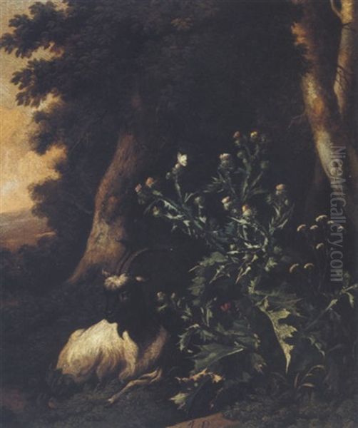 Wooded Landscape With Thistles And A Goat Oil Painting by Abraham Jansz. Begeyn