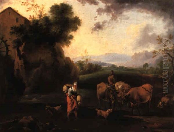 Sudliche Fluslandschaft Mit Hirten Und Herde Bei Einer Muhle Oil Painting by Abraham Jansz. Begeyn