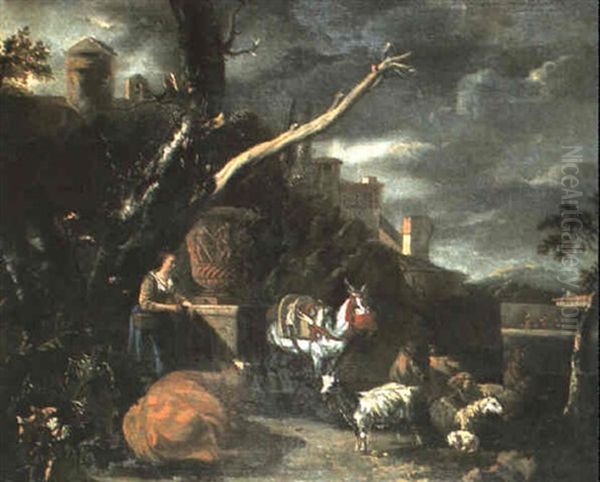 Troupeau Au Repos Pres D'un Piedestal Oil Painting by Abraham Jansz. Begeyn