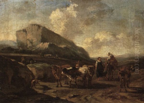 Cowherds Driving Their Livestock On A Rocky Path Oil Painting by Abraham Jansz. Begeyn