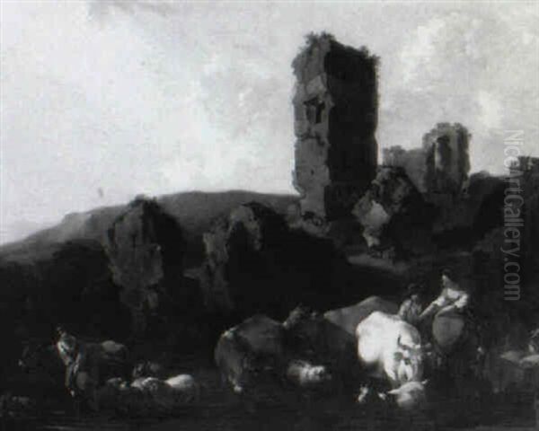 Southern Landscape With Cattle And Sheep Watering Near Ruins Oil Painting by Abraham Jansz. Begeyn