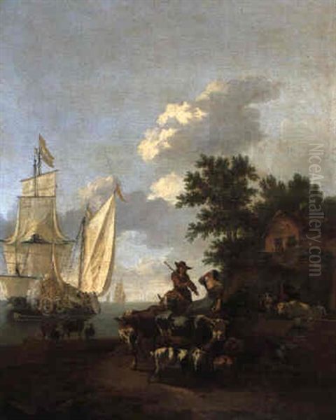 Coastal Landscape With A Cowherd And Shepherdess Unloading Livestock Oil Painting by Abraham Jansz. Begeyn