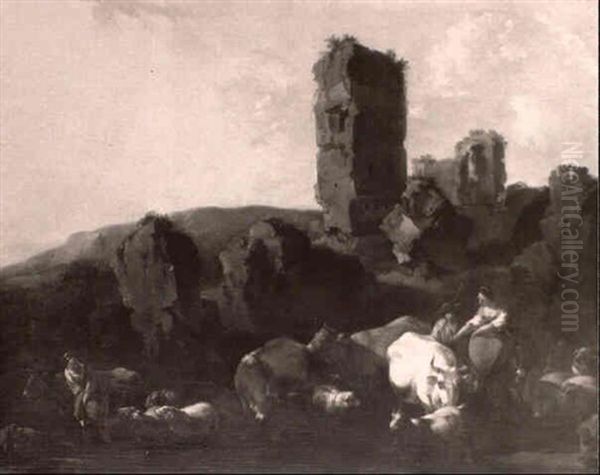 A Southern Landscape With Cattle And Sheep Watering Near    Ruins Oil Painting by Abraham Jansz. Begeyn