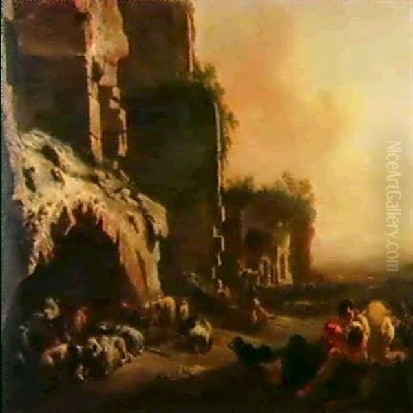 Hirten Mit Ihrer Herde Vor Romischen Ruinen Im Abendlicht Oil Painting by Abraham Jansz. Begeyn