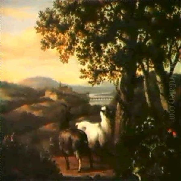 Zwei Ziegen Am Waldesrand Mit Ausblick In Eine              Flublandschaft Mit Einer Steinernen Bogenbrucke Oil Painting by Abraham Jansz. Begeyn