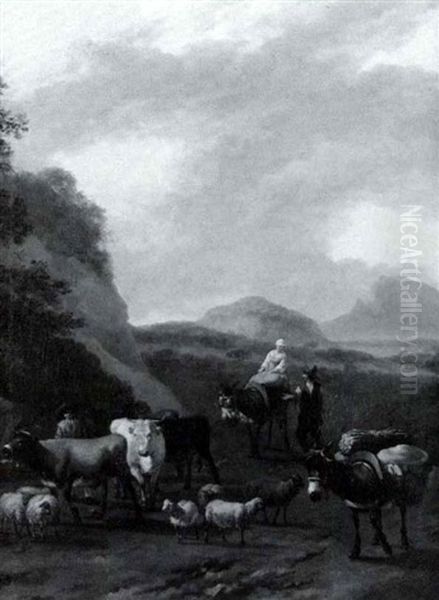 Mountainous Landscape With Herdsmen And Animals Oil Painting by Abraham Jansz. Begeyn