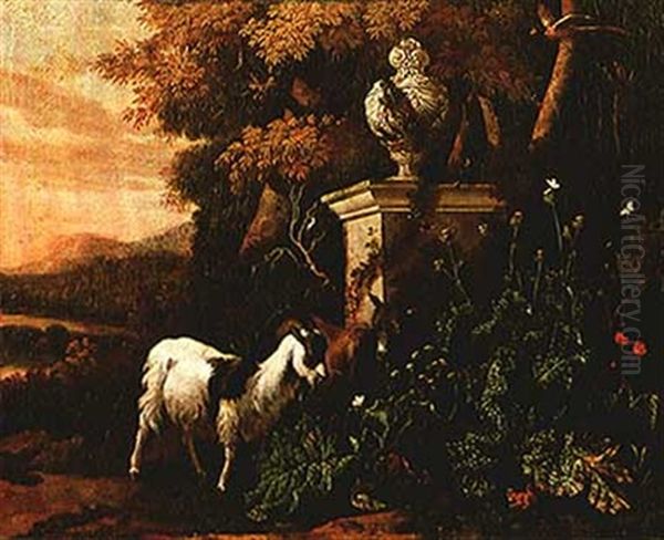 Goats And Birds In A Landscape Oil Painting by Abraham Jansz. Begeyn