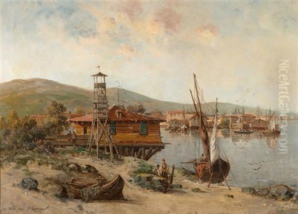 Kustenansicht Mit Fischern Und Ihren Booten Oil Painting by Aleksandr Karlovich Beggrov