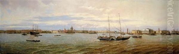 Panorama Of The Neva River Left Embankment And The Strelka Of Vasilievsii Island, St. Petersburg Oil Painting by Aleksandr Karlovich Beggrov