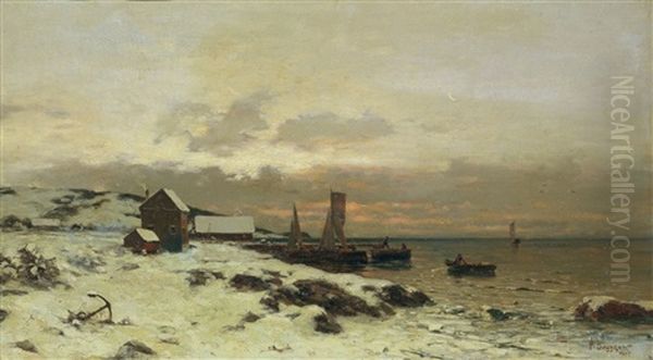 Winter An Der Estnischen Ostseekuste Oil Painting by Aleksandr Karlovich Beggrov