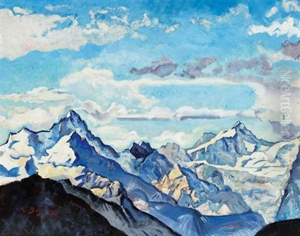 Weishorn, Rothorn, Obergabelhorn Oil Painting by Alfred Edouard Beguin