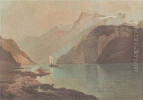 Abendliche Stimmung Am Vierwaldstattersee Mit Urirotstock Oil Painting by Alfred Edouard Beguin