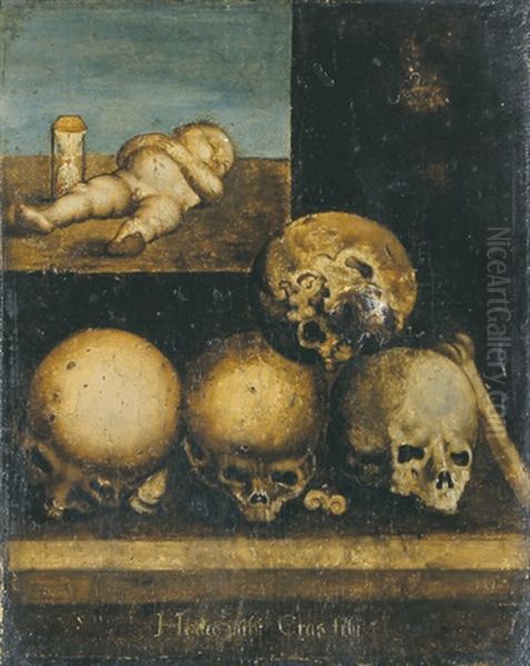 Hodie Mihi Cras Tibi (memento Mori Mit Schlafendem Kind, Sanduhr Und Totenschadeln) Oil Painting by Barthel Beham