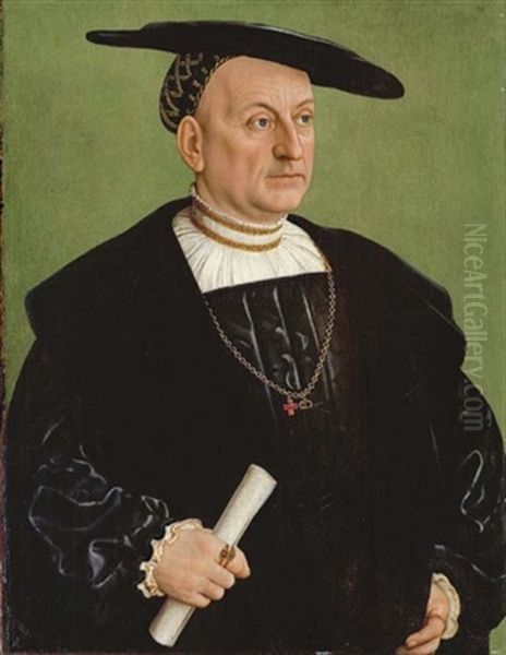 Portrait Of Onophrius Scheit In A Black Coat And Hat, A Scroll In His Right Hand Oil Painting by Barthel Beham