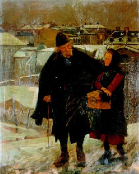 Grosvater Mit Enkel In Winterlicher Stadt Oil Painting by Karl Behm