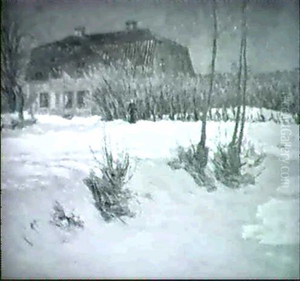 Soligt Vinterlandskap Med Hus Ovh Kvinna Oil Painting by Vilhelm Emanuel Behm