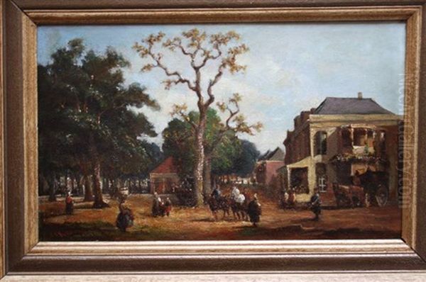 Flanerende Mensen En Paardenkoets Op Boomrijk Stadsplein, Mogelijk Lange Voorhout Den Haag by Carel Jacobus Behr