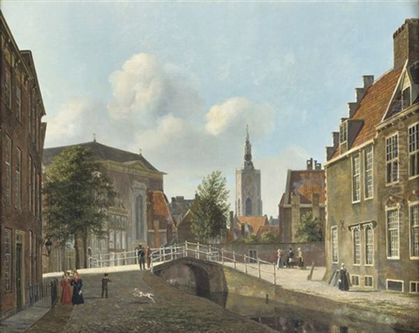 Daily Activities Along The Paviljoensgracht With The St. Jacobskerk In The Distance, The Hague Oil Painting by Carel Jacobus Behr