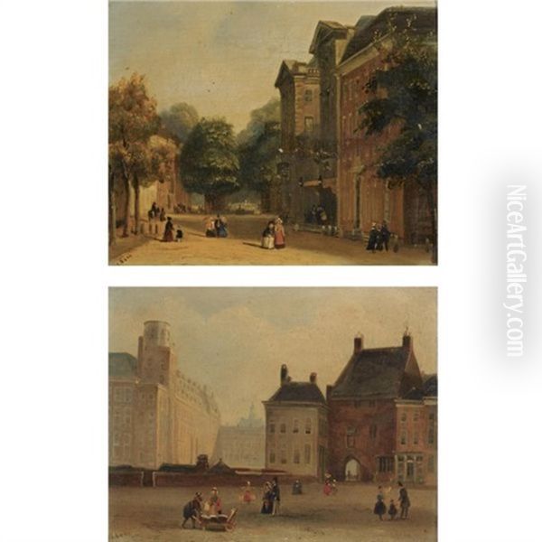 A View Of The Korte Voorhout Towards The Haagse Comedie, The Hague (+ A View Of The Buitenhof With The Gevangenpoort, The Hague; Pair) Oil Painting by Carel Jacobus Behr