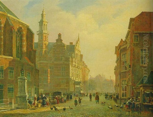 A View Of The Townhall, The Hague, With Numerous Figures In A Street Oil Painting by Carel Jacobus Behr