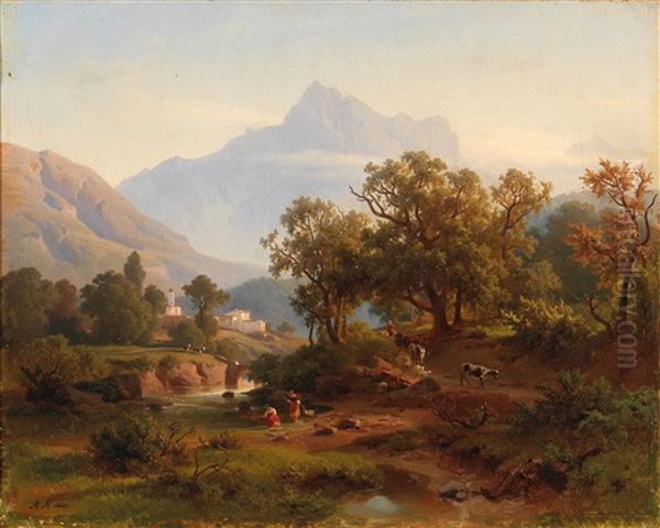 Region In South Tyrol - Landscape In The Morning Light Oil Painting by August Behrendsen