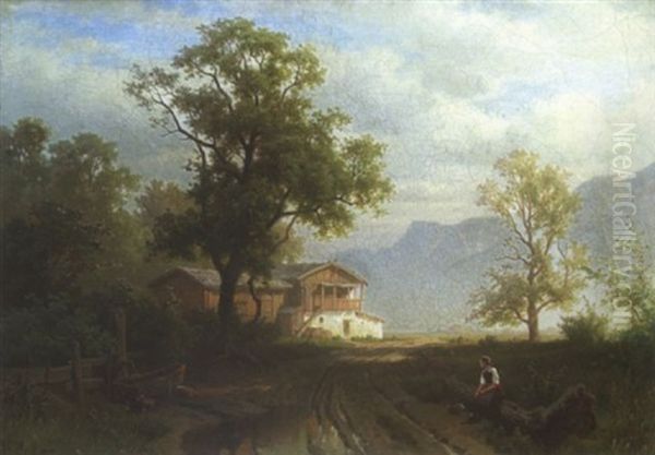 Rastende Magd Am Wegesrand In Vorgebirgslandschaft Oil Painting by August Behrendsen