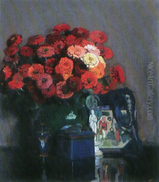 Grosses Stillleben Mit Roten Zinnien Oil Painting by Frank Louis Behrens