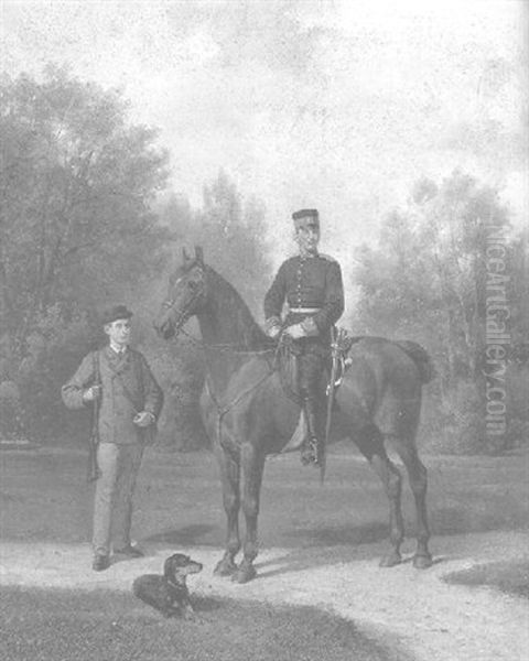 An Officer On Horseback With A Sportsman Standing Nearby In A Park Oil Painting by Ludwig Behringer