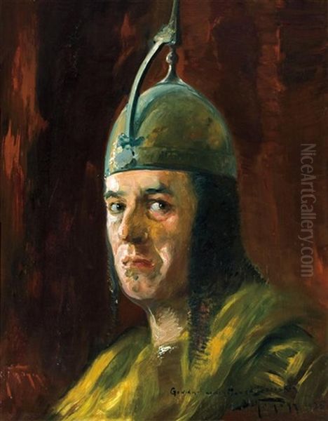 Self Portrait With Iron Helmet Oil Painting by Adolf Behrmann