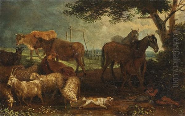 Shepherd With Cattle By The Water - Resting Shepherd With Cattle Oil Painting by Joachim Franz Beich