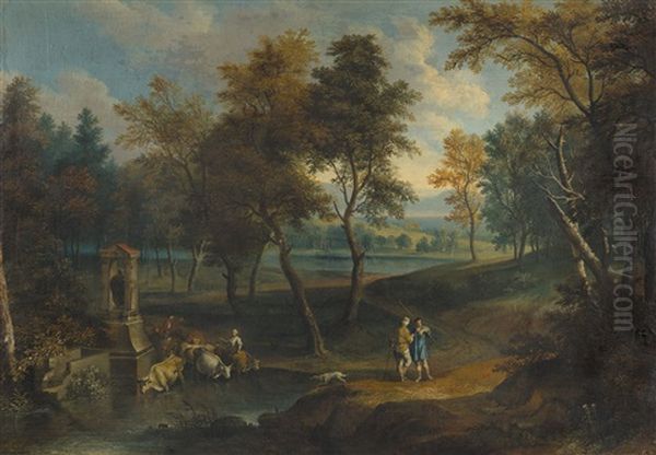 Arkadische Landschaft Mit Hirten Und Vieh Bei Der Tranke An Einem Teich Oil Painting by Joachim Franz Beich