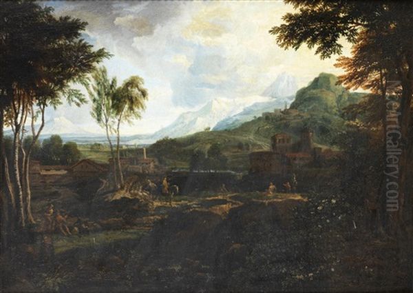 An Extensive Mountainous Landscape With Horsemen On A Wooded Path Oil Painting by Joachim Franz Beich