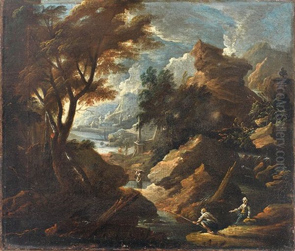 Italianisierende Landschaften Mit Figurenstaffage (+ Another; Pair) Oil Painting by Joachim Franz Beich