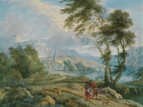 Reisende Mit Pferd Und Wagen In Einer Weiten Flusslandschaft Oil Painting by Joachim Franz Beich