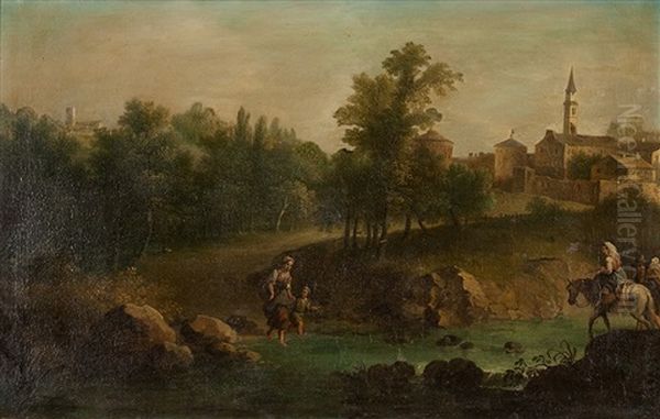 Landschaft Mit Landvolk Vor Angrenzendem Dorf Oil Painting by Joachim Franz Beich