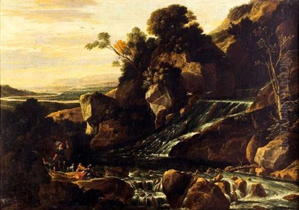 Repos De Soldats Devant Une Cascade Oil Painting by Joachim Franz Beich