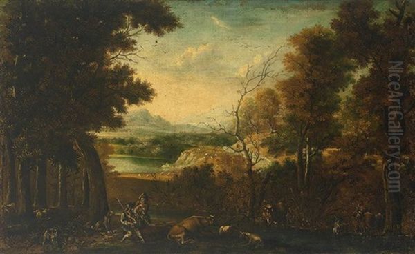 Arkadische Landschaft. Im Vordergrund Lagernde Hirten Mit Vieh An Der Tranke Oil Painting by Joachim Franz Beich