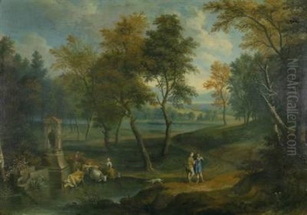 Romantische Landschaft Mit Trinkenden Rindern Am Teich Oil Painting by Joachim Franz Beich