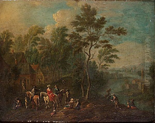 Landskap Med Byggnader, Figurer Och Ridande Sallskap Oil Painting by Joachim Franz Beich