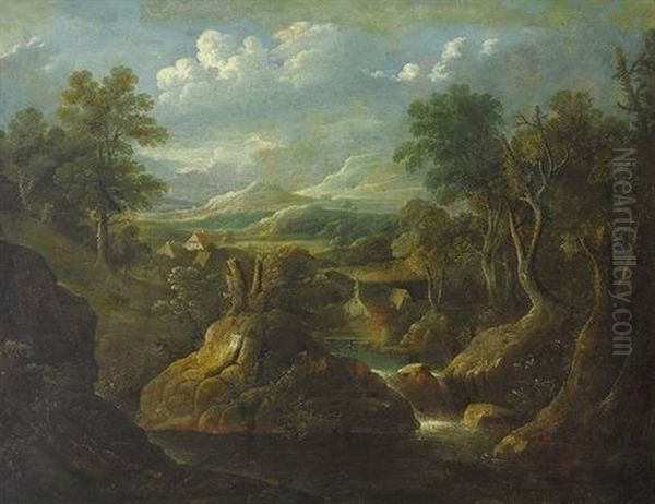 Suddeutsche Waldlandschaft Mit Katarakt, Kirchdorf Und Weitem Blick In Hugeliges Land Oil Painting by Joachim Franz Beich