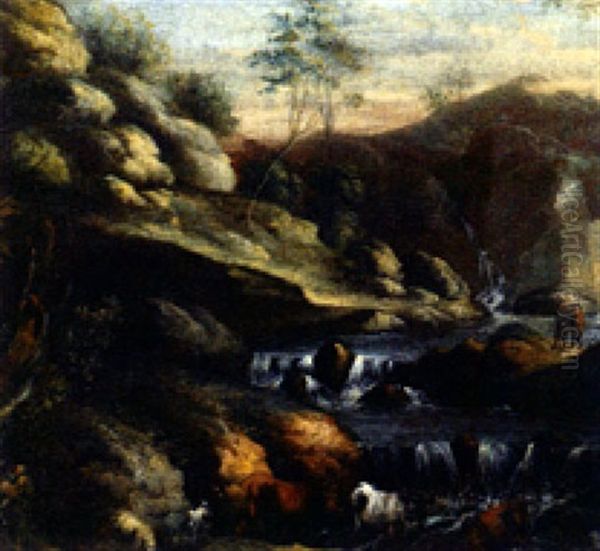 Pastorale Flusslandschaft Mit Tieren An Der Tranke Oil Painting by Joachim Franz Beich