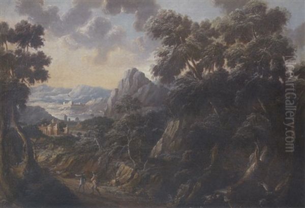 Zwei Wanderer In Felsiger Baumlandschaft Mit Ausblick Auf Eine Burgenlandschaft Oil Painting by Joachim Franz Beich