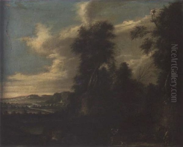 A Wooded Landscape With Travellers On A Track Oil Painting by Joachim Franz Beich