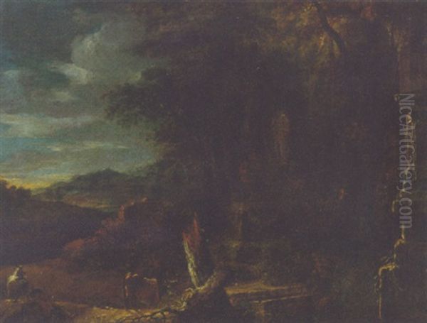 A Wooded Landscape With Herdsmen Resting Before Classical Ruins Oil Painting by Joachim Franz Beich