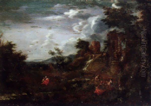 An Italianate Landscape With Artists Sketching Amongst Ruins Oil Painting by Joachim Franz Beich