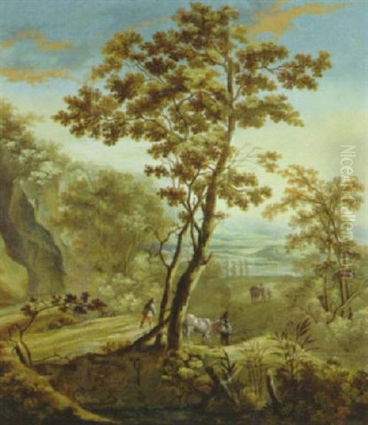 Waldlandschaft Mit Hirte Und Vieh Sowie Bauern Mit Maultieren Auf Dem Weg Zum Fluss In Der Ferne Oil Painting by Joachim Franz Beich